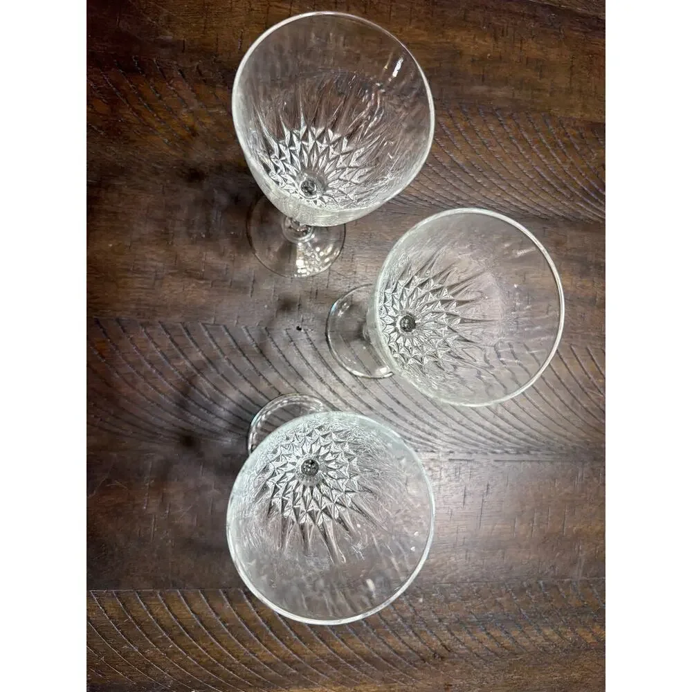 Set of 3 Vintage Cut Glass Wine Goblets Fan Starburst Pattern Elegant Stemware